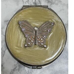 Butterfly Silver Plated Round Vanity Compact Mirror Ornate 2.75" Prairie Cottage